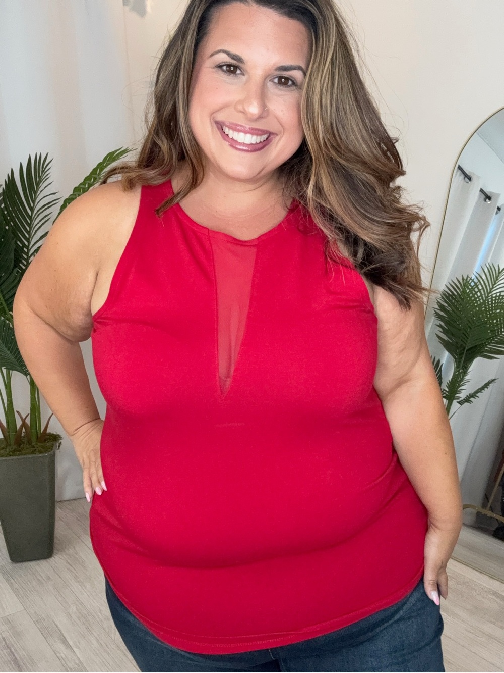 Plus Bold Red Scoop Neck Tunic with Mesh Inset